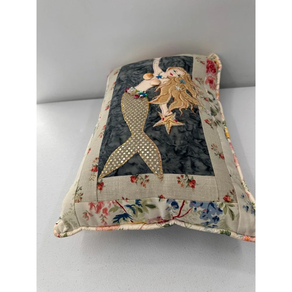 Handmade Mermaid Accent Pillow Embroidered Shells Floral 20x13 Coastal Decor